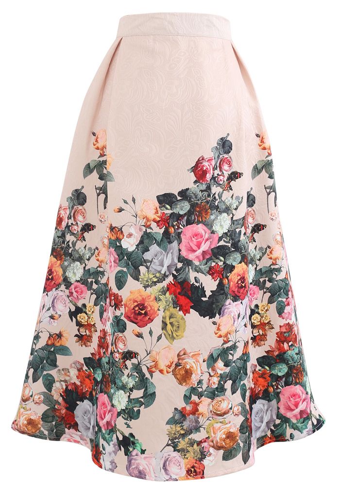 Wild Rose Print Embossed Midi Skirt - Retro, Indie and Unique Fashion