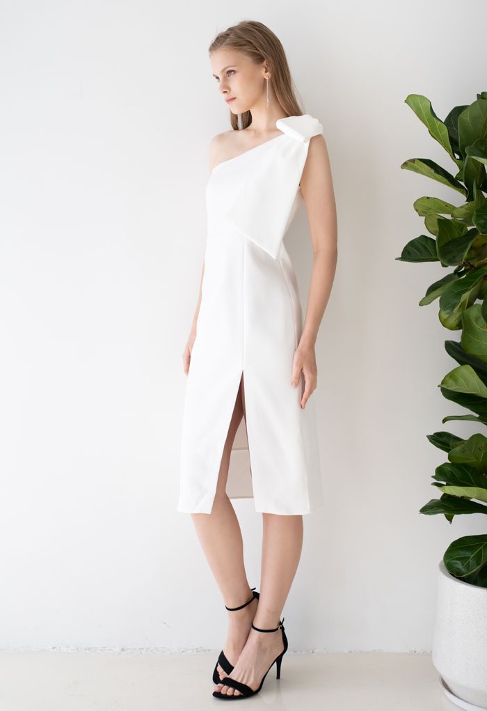 Bow Strap Oblique Slit Shift Dress in White - Retro, Indie and Unique ...