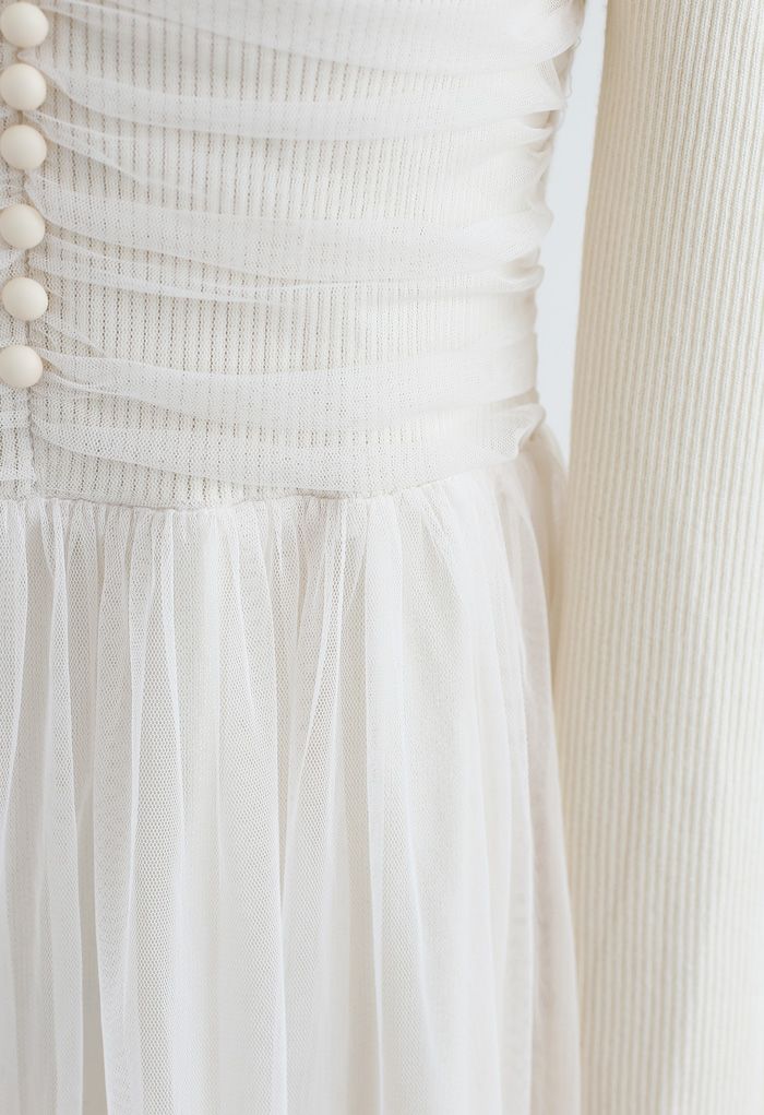 Square Neck Shirred Tulle Mesh Rib Knit Dress in Cream