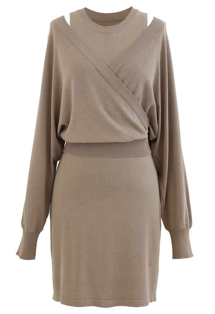 Crop Wrapped Top and Sleeveless Knit Twinset Dress in Camel - Retro ...