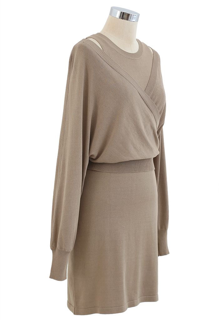Crop Wrapped Top and Sleeveless Knit Twinset Dress in Camel