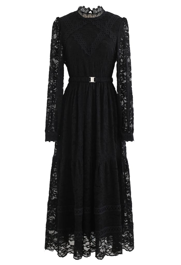 Belted Full Lace Frilling Dress in Black - Retro, Indie and Unique Fashion