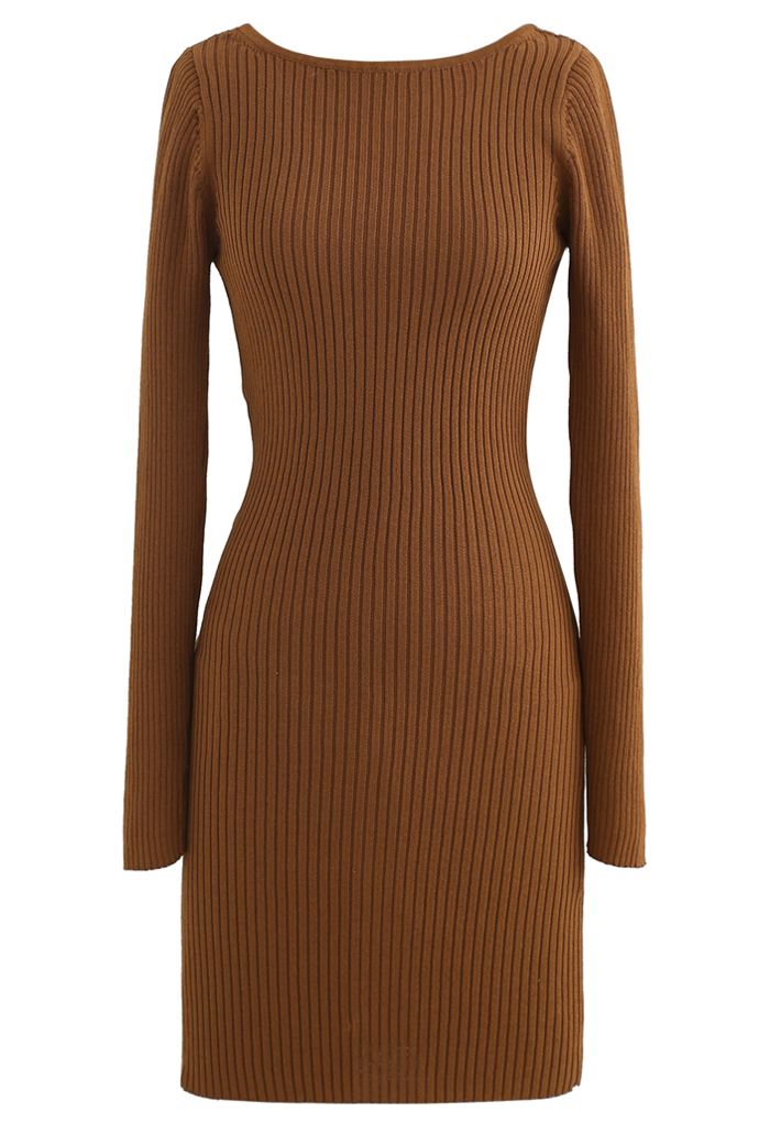 Twist Back Ribbed Bodycon Knit Dress in Caramel - Retro, Indie and ...