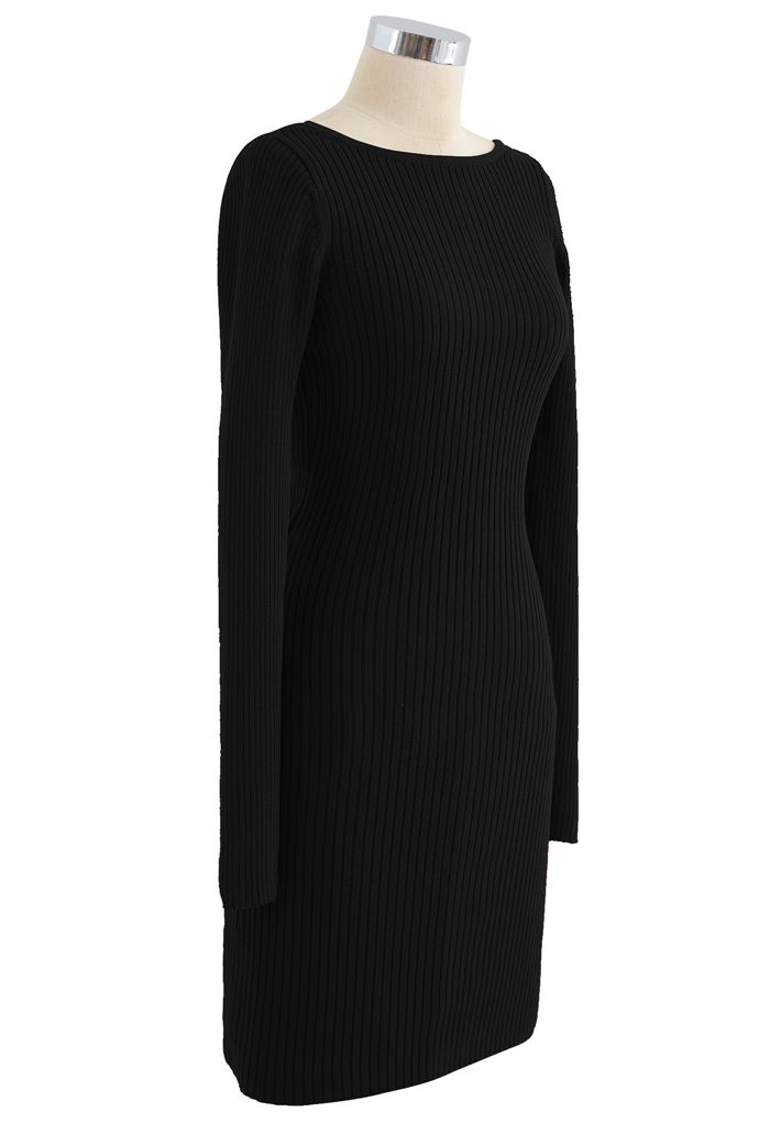 Twist Back Ribbed Bodycon Knit Dress in Black - Retro, Indie and Unique ...