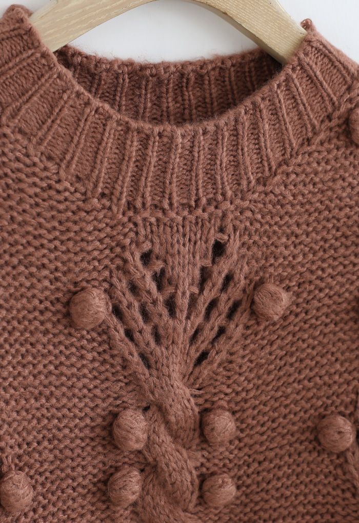 Cable Pom-Pom Eyelet Knit Sweater in Rust Red