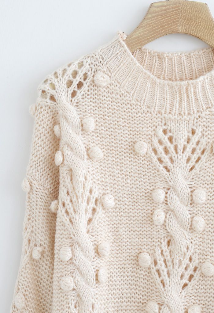 Cable Pom-Pom Eyelet Knit Sweater in Cream