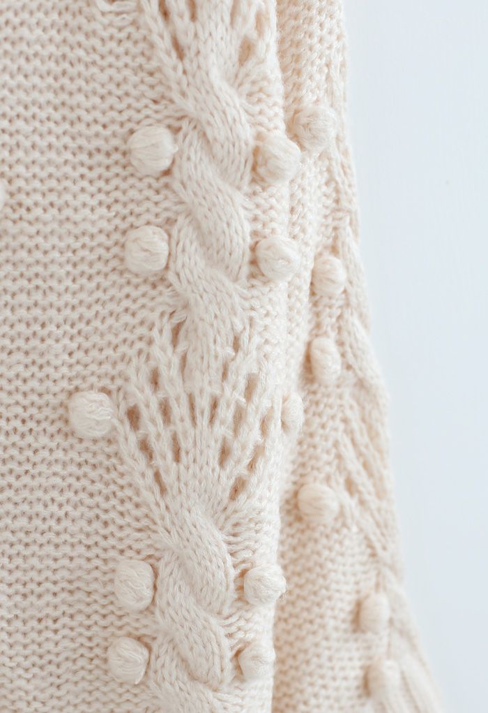 Cable Pom-Pom Eyelet Knit Sweater in Cream