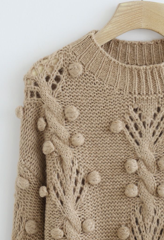 Cable Pom-Pom Eyelet Knit Sweater in Tan