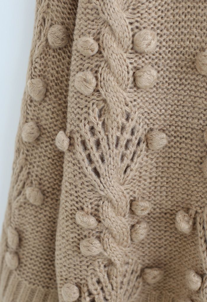 Cable Pom-Pom Eyelet Knit Sweater in Tan