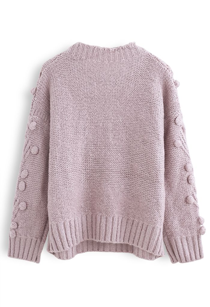 Cable Pom-Pom Eyelet Knit Sweater in Lilac