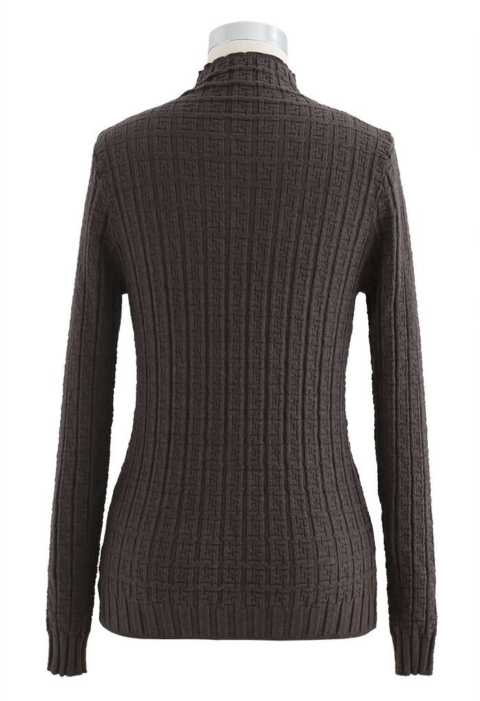 Maze Embossed High Neck Fitted Knit Top in Brown
