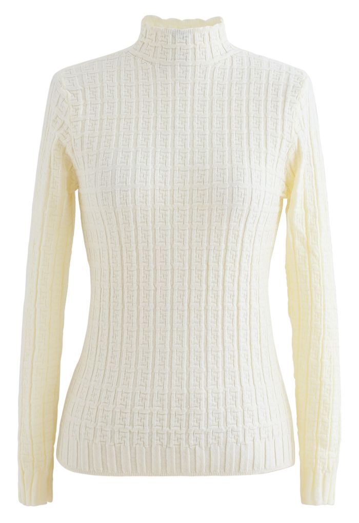 Maze Embossed High Neck Fitted Knit Top in Cream - Retro, Indie and ...