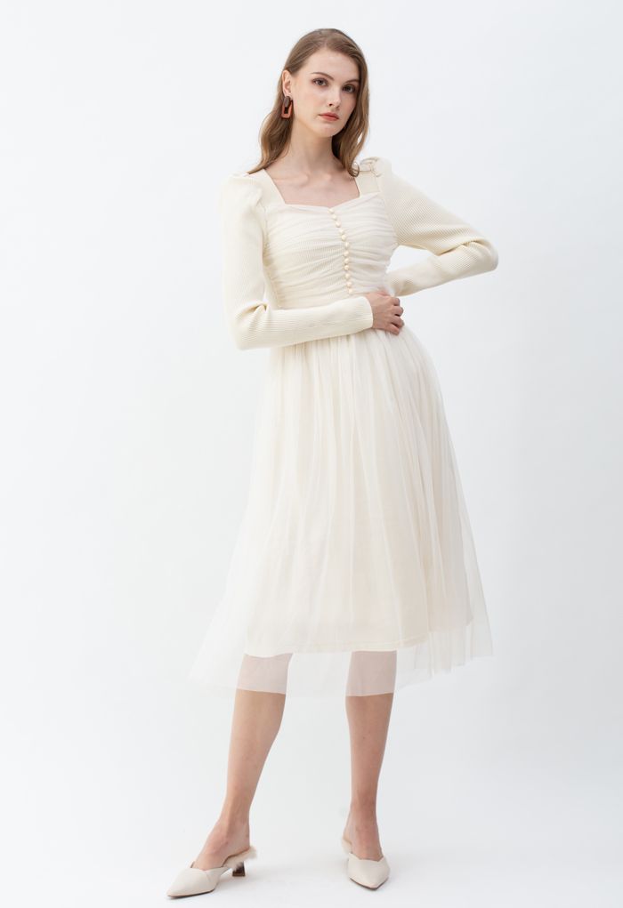 Square Neck Shirred Tulle Mesh Rib Knit Dress in Cream