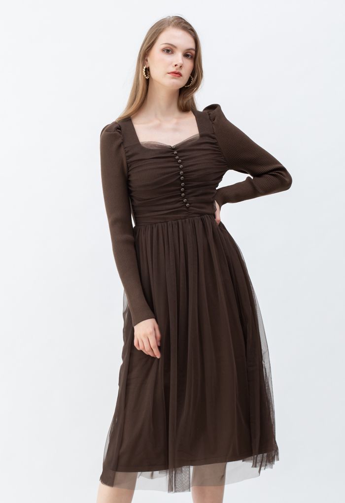 Square Neck Shirred Tulle Mesh Rib Knit Dress in Brown