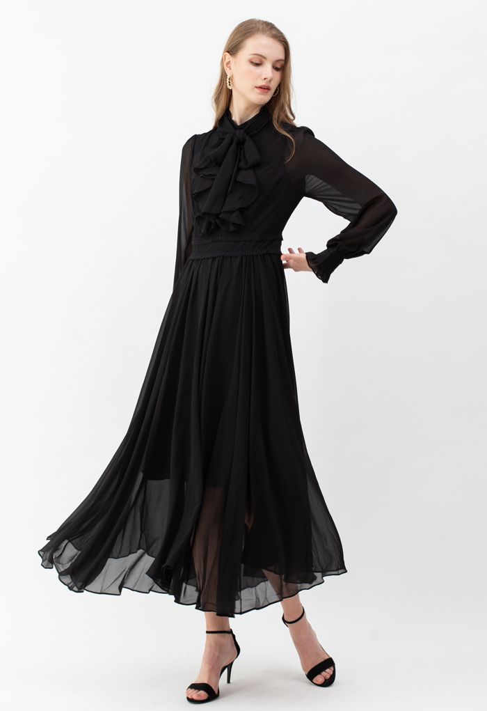 Scarf Neck Ruffle Asymmetric Maxi Dress in Black - Retro, Indie and ...