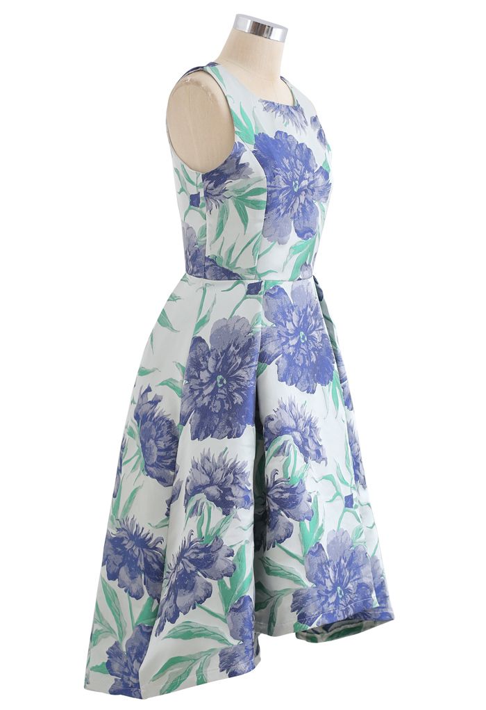 Blue Dahlia Jacquard Waterfall Sleeveless Dress - Retro, Indie and ...