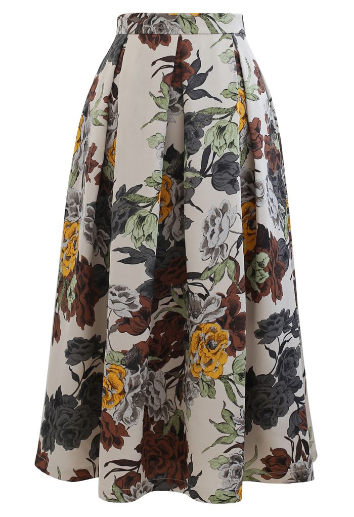 Retro Floral Print Pleated Midi Skirt - Retro, Indie and Unique Fashion