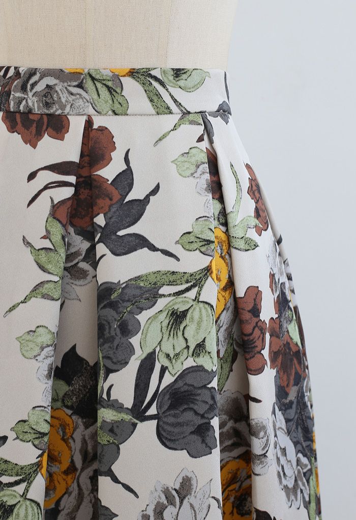 Retro Floral Print Pleated Midi Skirt