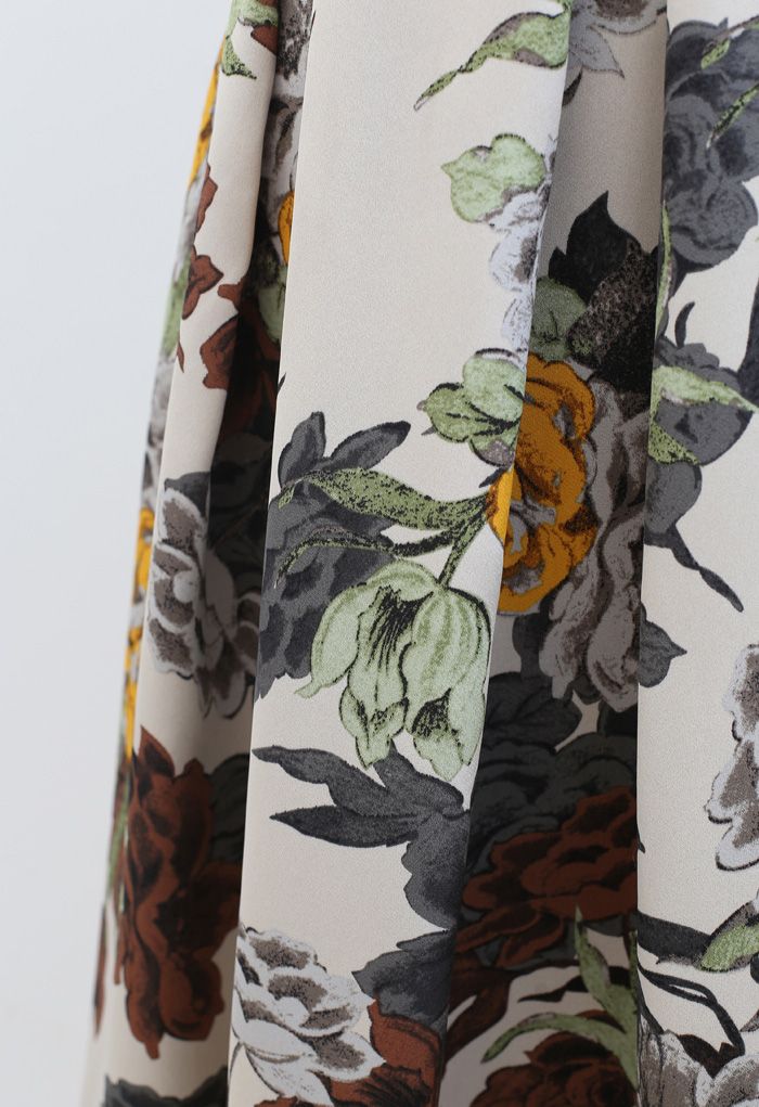 Retro Floral Print Pleated Midi Skirt