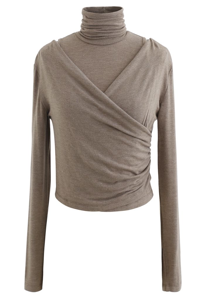 Fake Two-Piece Turtleneck Wrap Top in Taupe
