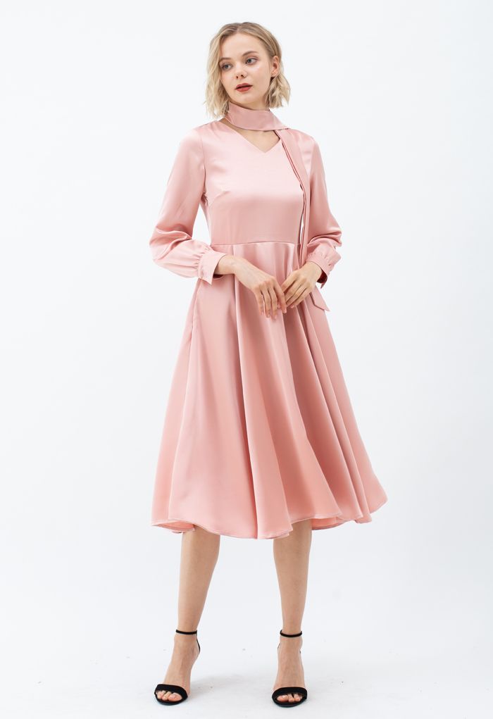 Scarf V-Neck Flare Midi Dress in Pink - Retro, Indie and Unique Fashion