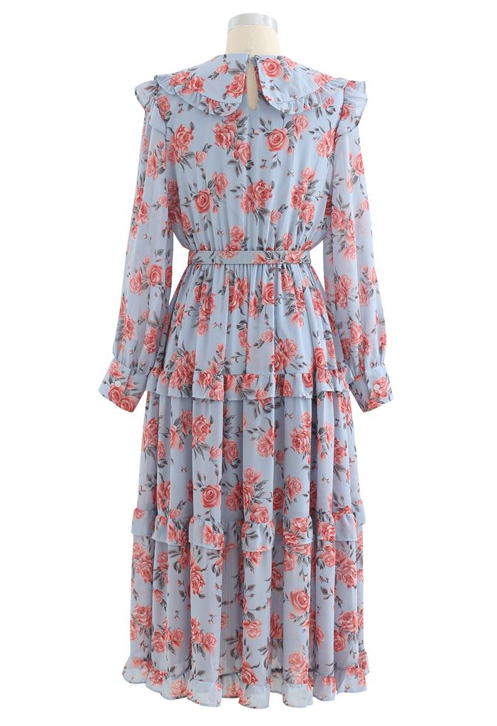 Belted Rose Print Chiffon Dress in Blue - Retro, Indie and Unique Fashion