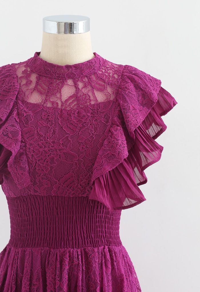 Tiered Ruffle Sleeveless Midi Lace Dress in Magenta