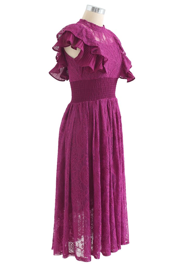 Tiered Ruffle Sleeveless Midi Lace Dress in Magenta