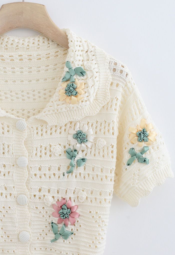 Hand-Knit Flower Eyelet Knit Cardigan in Cream