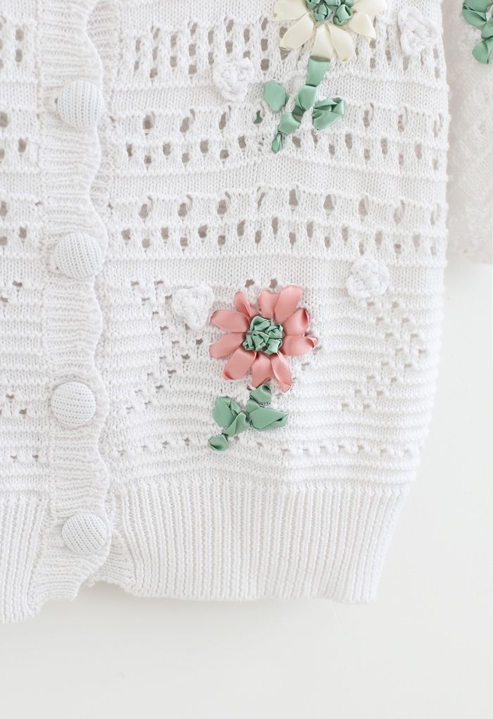 Hand-Knit Flower Eyelet Knit Cardigan in White