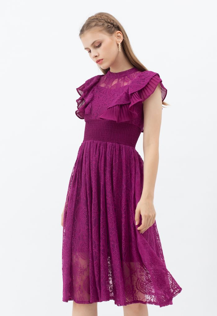 Tiered Ruffle Sleeveless Midi Lace Dress in Magenta - Retro, Indie and ...
