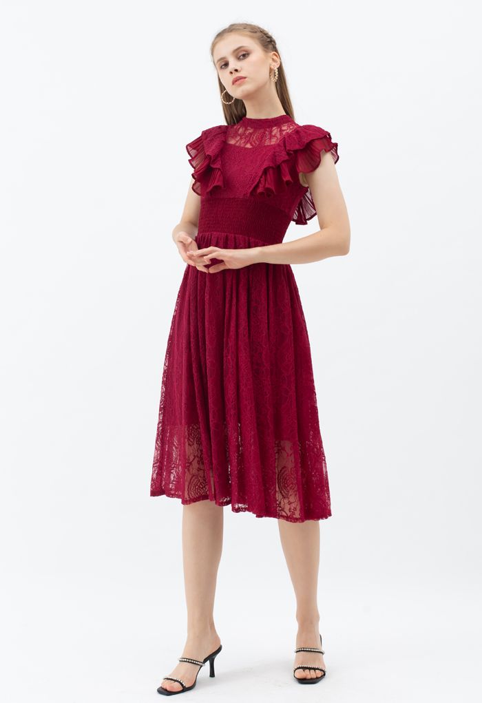 Tiered Ruffle Sleeveless Midi Lace Dress in Wine - Retro, Indie and ...