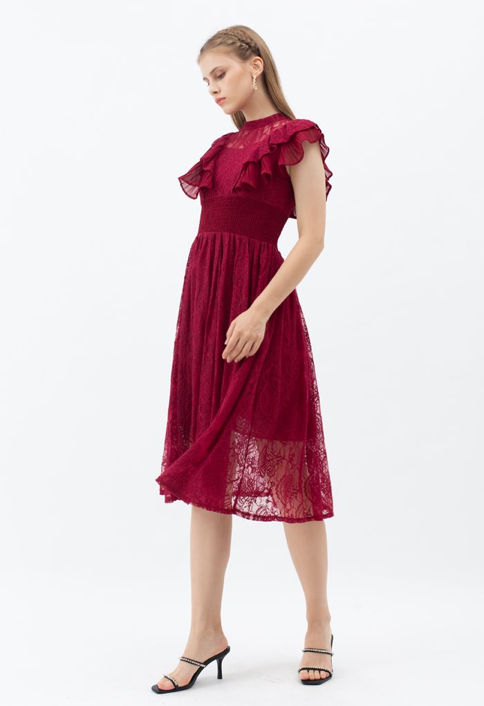 Tiered Ruffle Sleeveless Midi Lace Dress in Wine