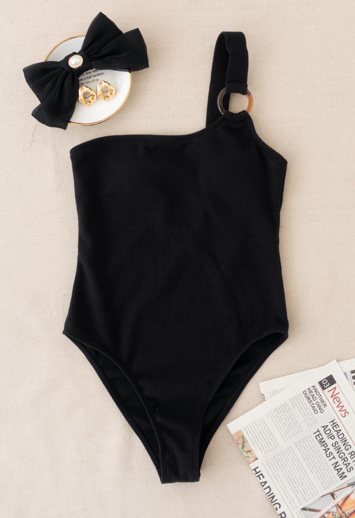 O-Ring One-Shoulder Swimsuit in Black