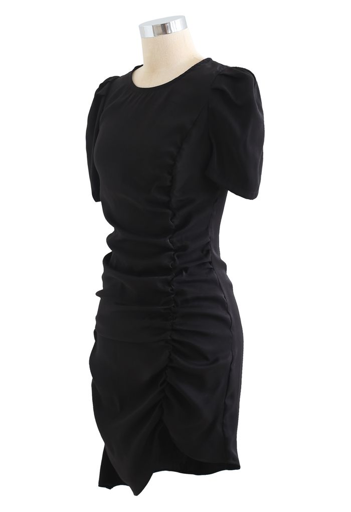 Puff Shoulder Ruched Bodycon Dress in Black - Retro, Indie and Unique ...