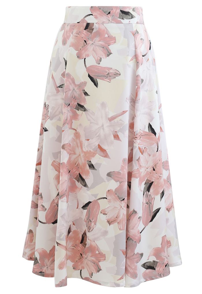 Pink Lily Blossom Chiffon Midi Skirt - Retro, Indie and Unique Fashion