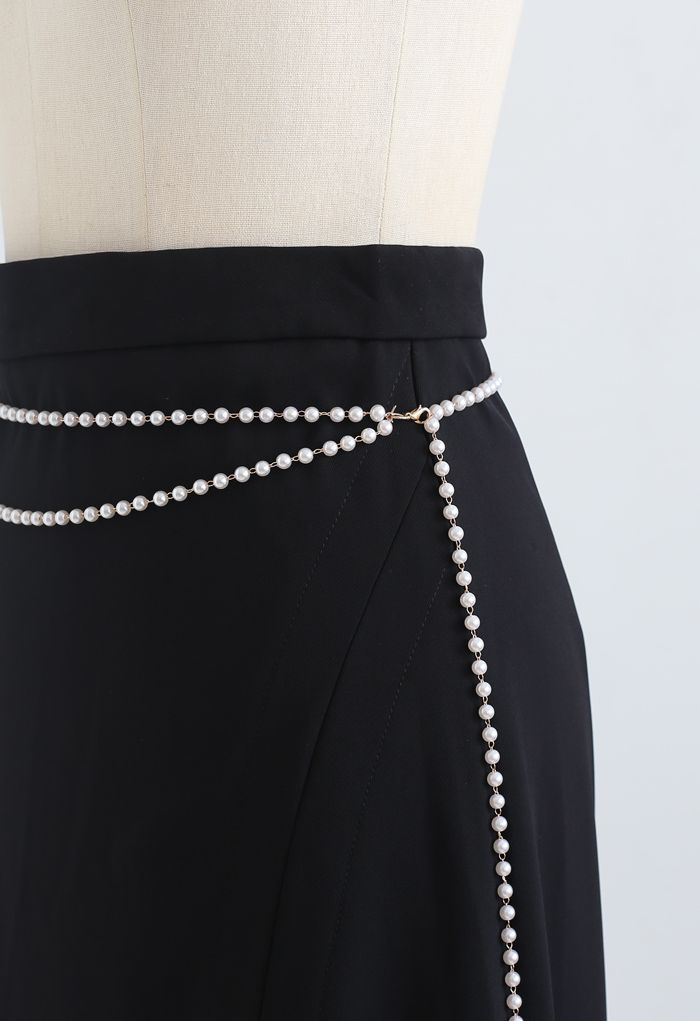 Pearls Chain Front Slit Midi Skirt in Black