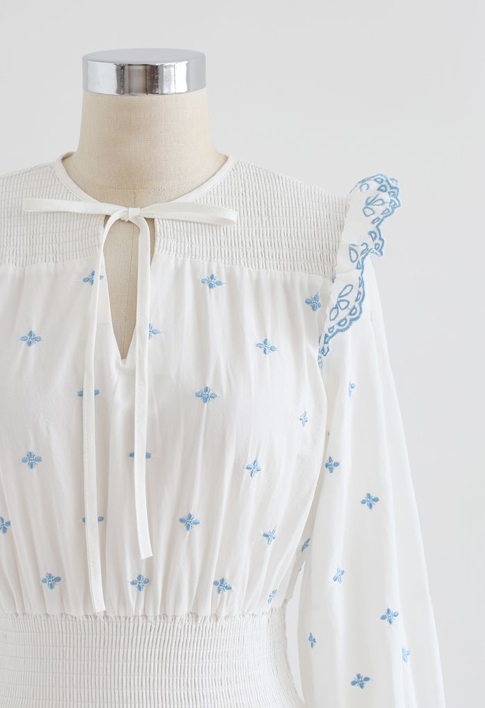 Embroidered V-Neck Shirred Slit Dress