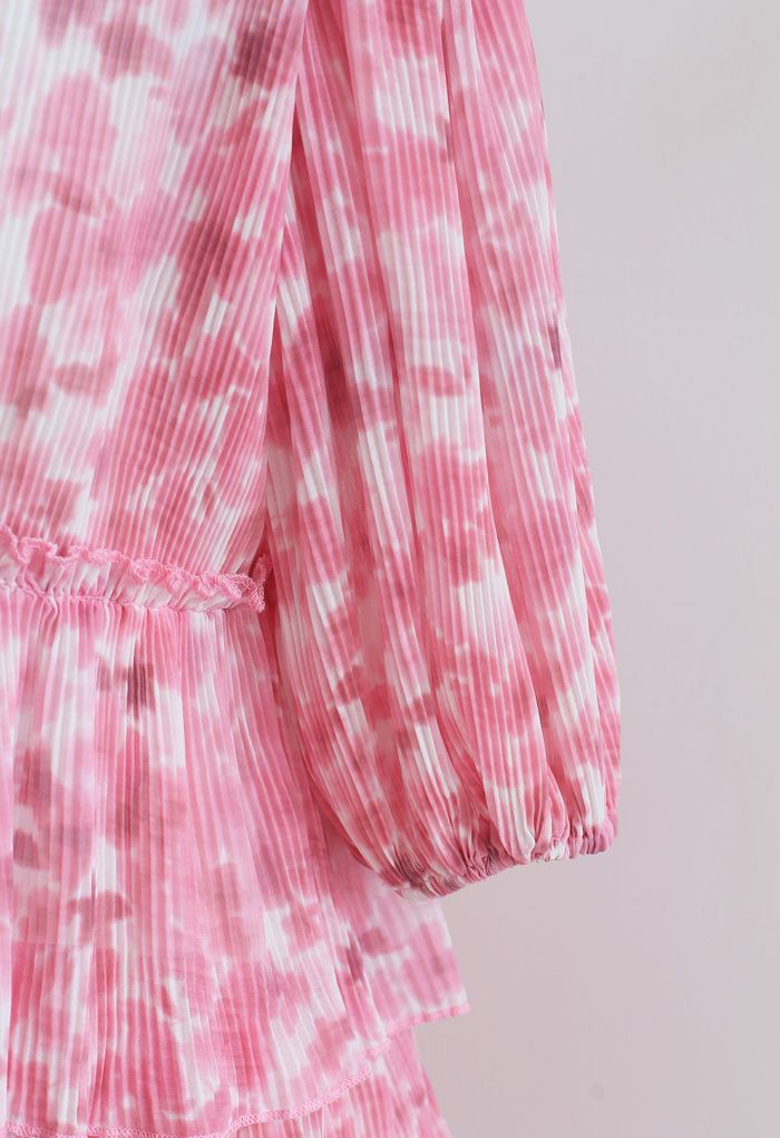 Pleated Tie-Dye Tiered Dolly Dress in Pink