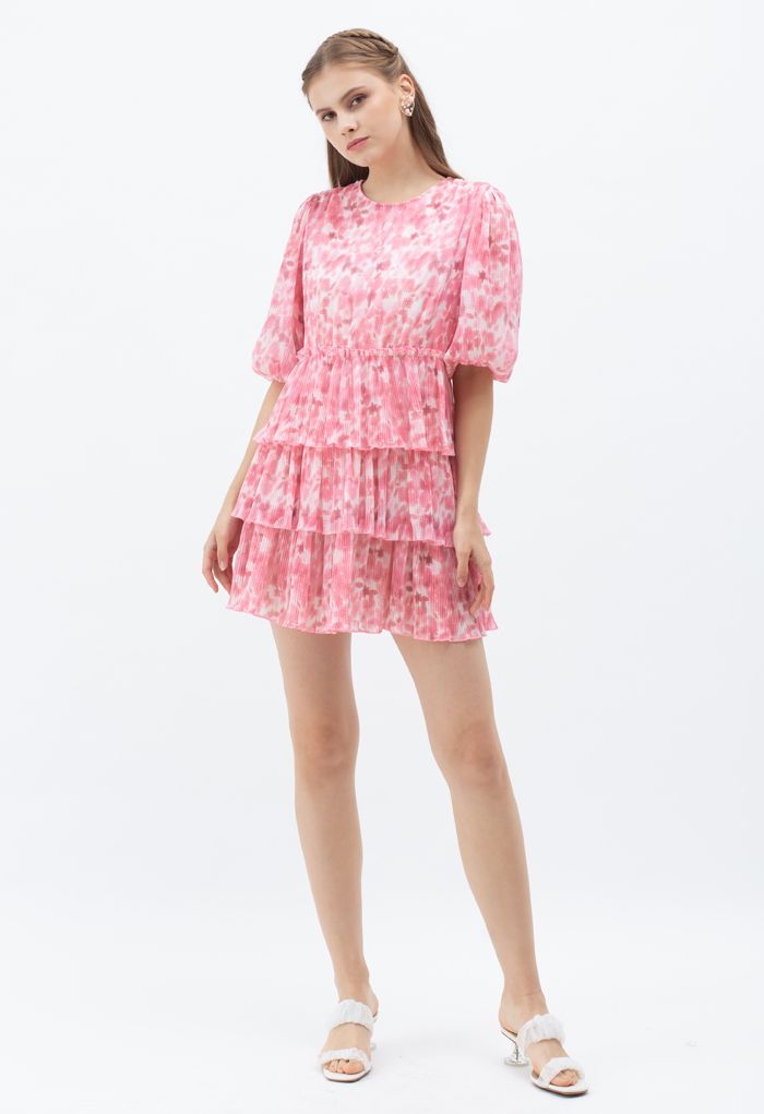 Pleated Tie-Dye Tiered Dolly Dress in Pink