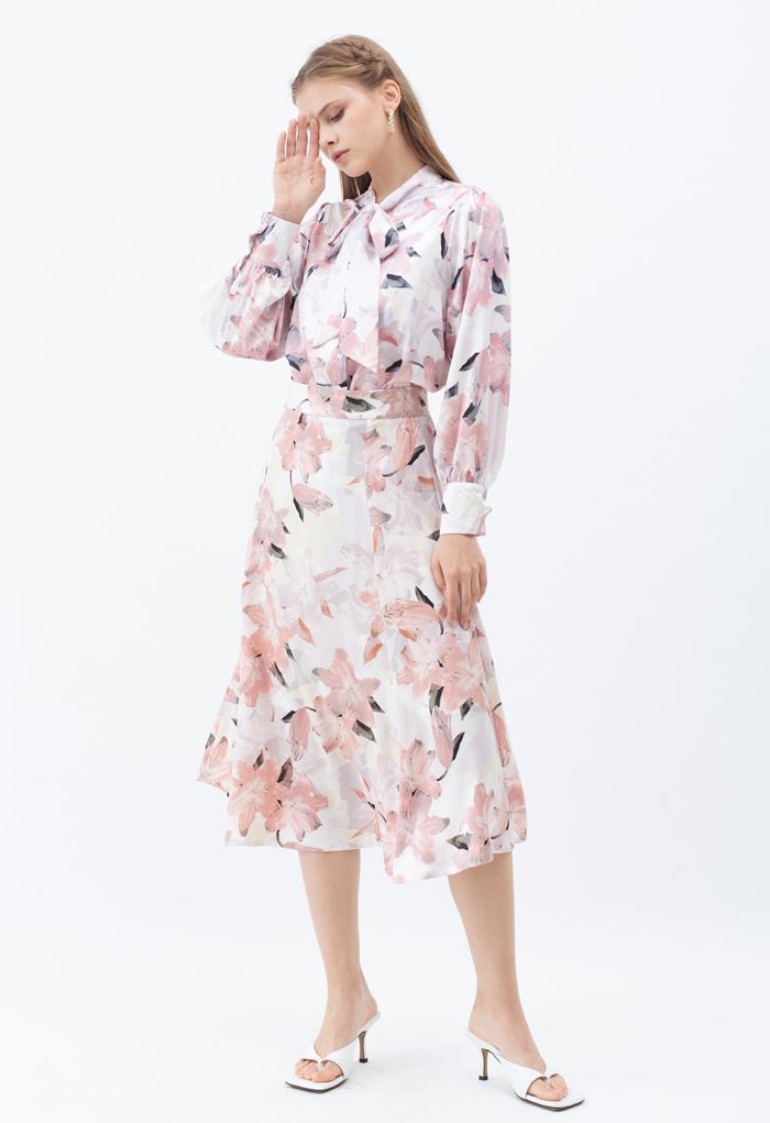 Pink Lily Blossom Chiffon Midi Skirt