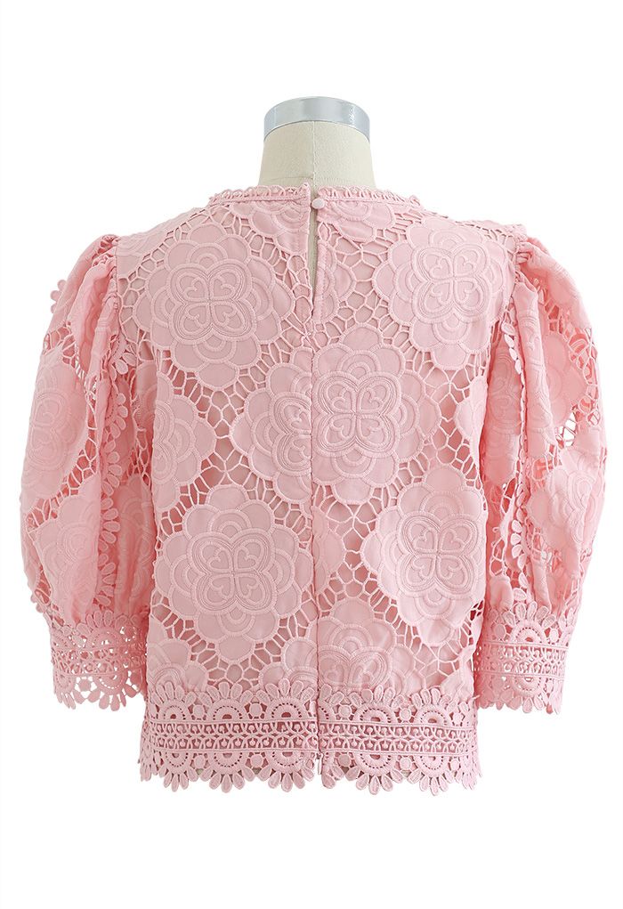 Blooming Flowers Crochet Bubble Sleeves Top in Pink