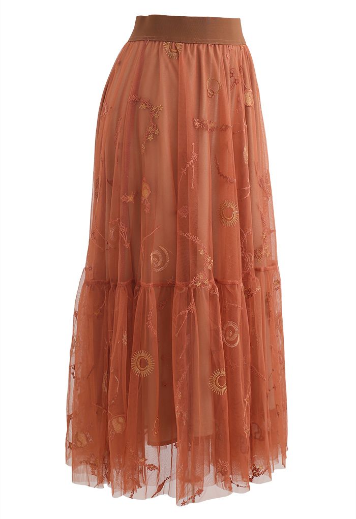 Universe Embroidery Mesh Tulle Skirt in Caramel