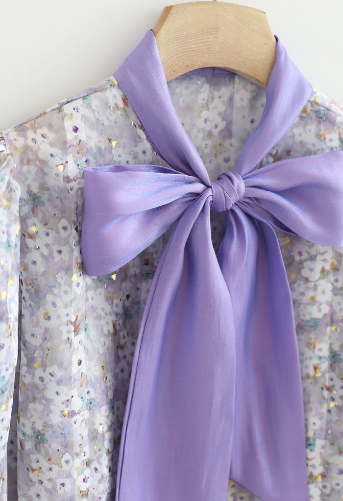 Bow Neck Floret Puff Sleeve Organza Shirt in Purple