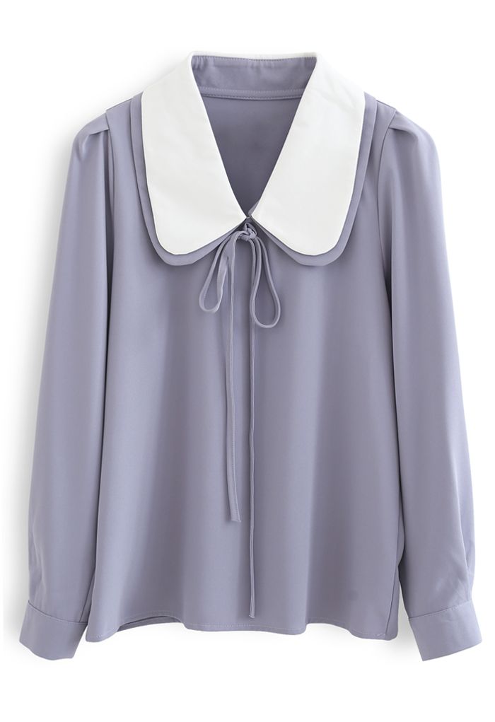 Double Collars Bowknot Shirt in Dusty Blue