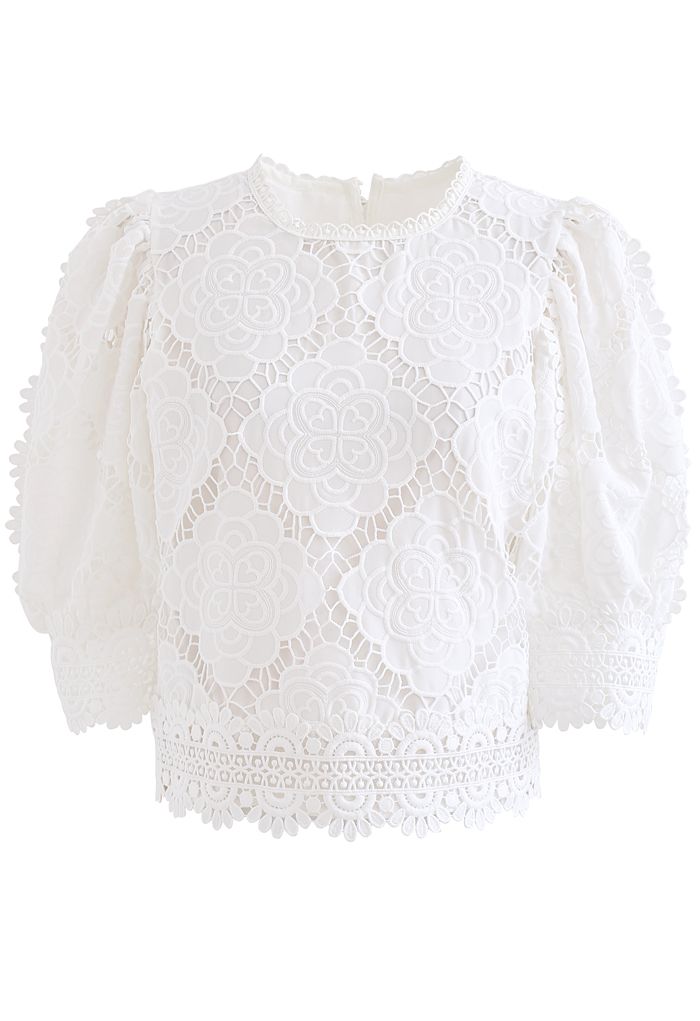 Blooming Flowers Crochet Bubble Sleeves Top in White - Retro, Indie and ...