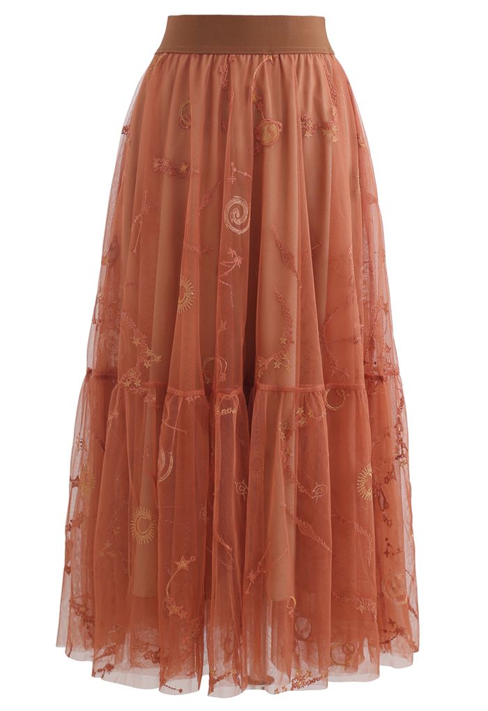 Universe Embroidery Mesh Tulle Skirt in Caramel - Retro, Indie and ...