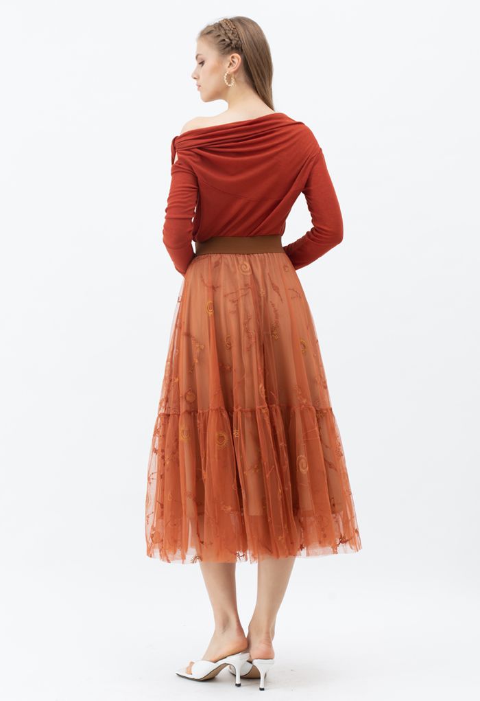 Universe Embroidery Mesh Tulle Skirt in Caramel