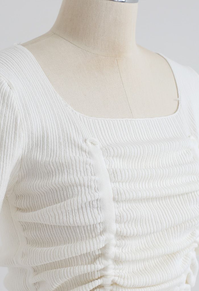 Ruched Drawstring Square Neck Knit Top in White