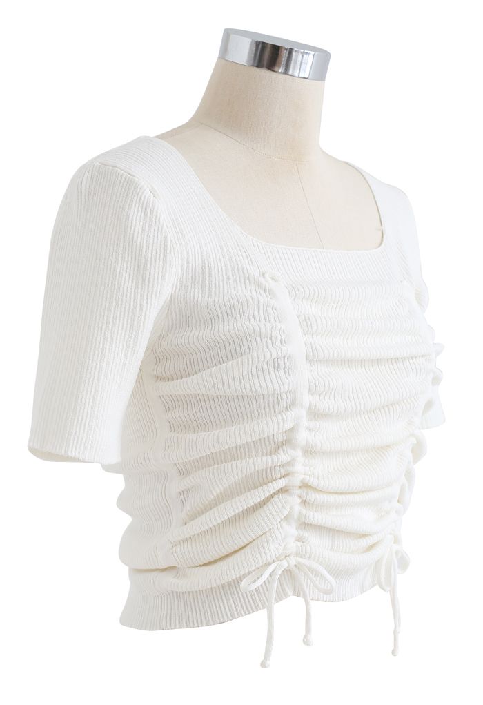 Ruched Drawstring Square Neck Knit Top in White